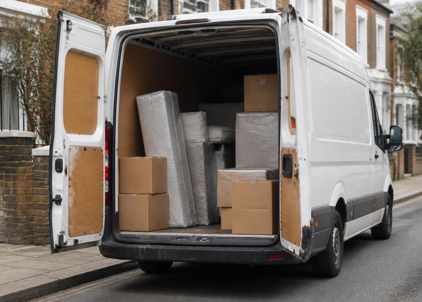 Plain white van part-loaded with wrapped furniture on a London residential street