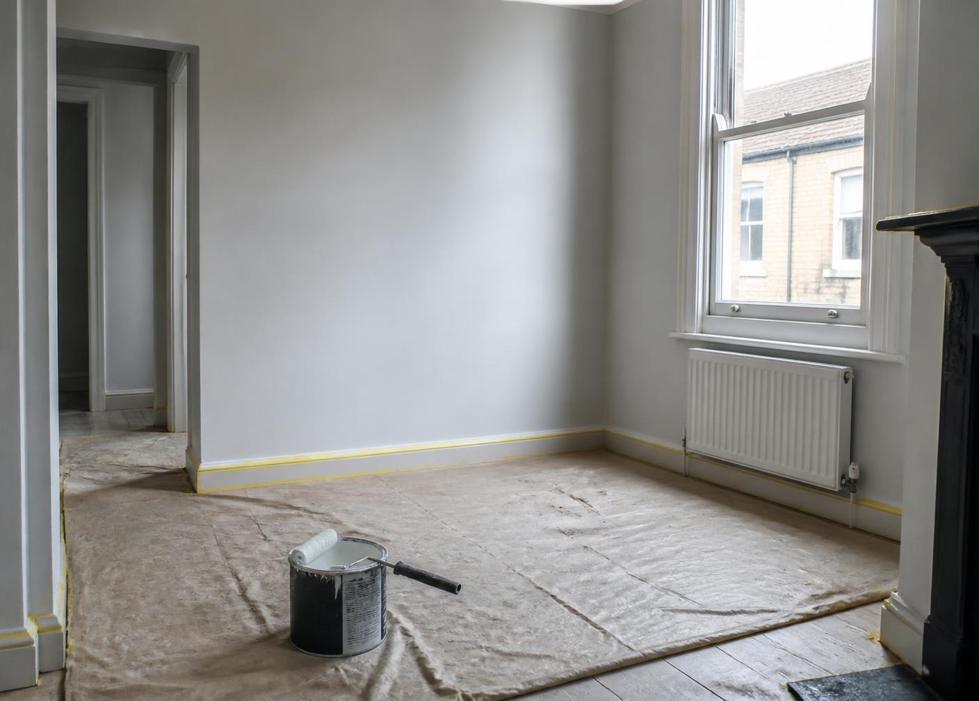 London flat mid-redecoration with dust sheets and freshly painted walls